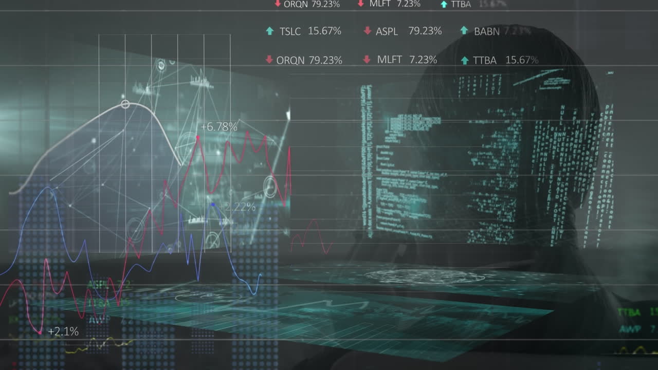 Animation of data processing, graphs, financial data and head of caucasian man