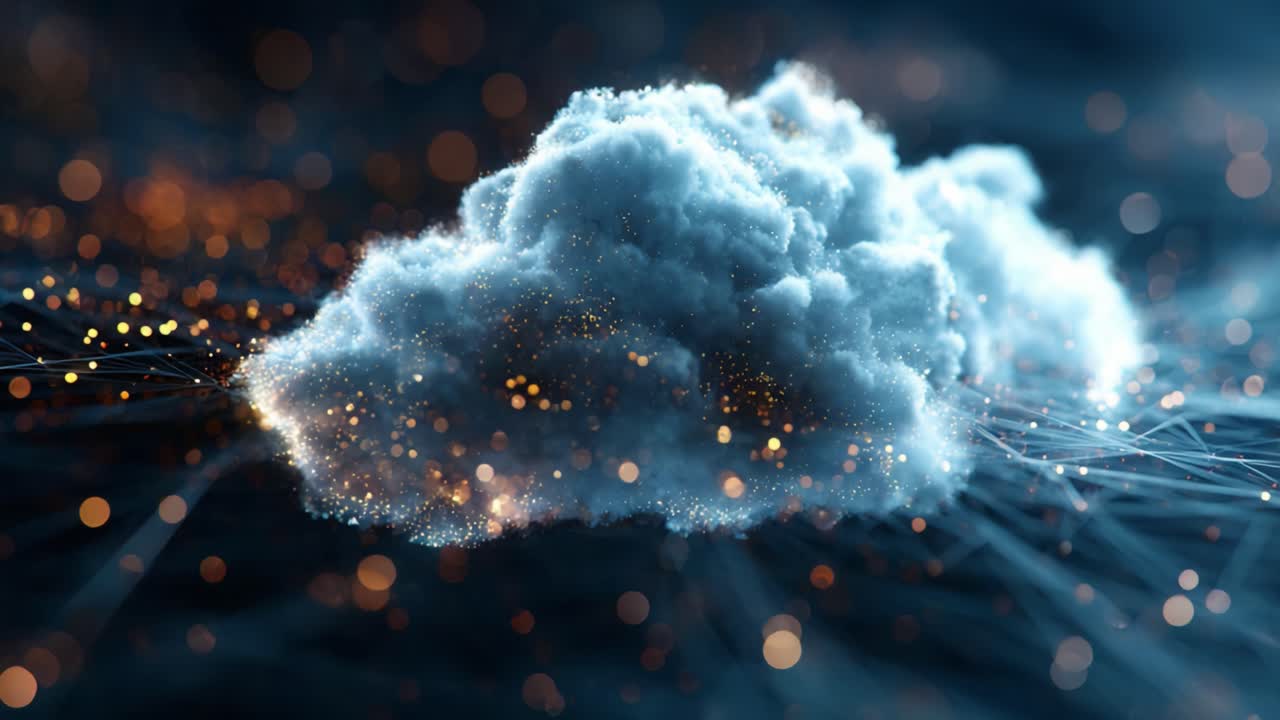 A Beautifully Rendered Cloud Floating in a Digital Atmosphere Filled with Amber Lights and Ethereal Particles, Representing the Intersection of Nature and Technology