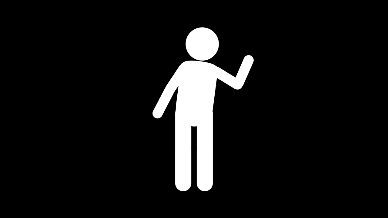 ミニマルな白い棒人間アニメーションが、滑らかなトランジションで黒一色の背景に向かって手を振る。