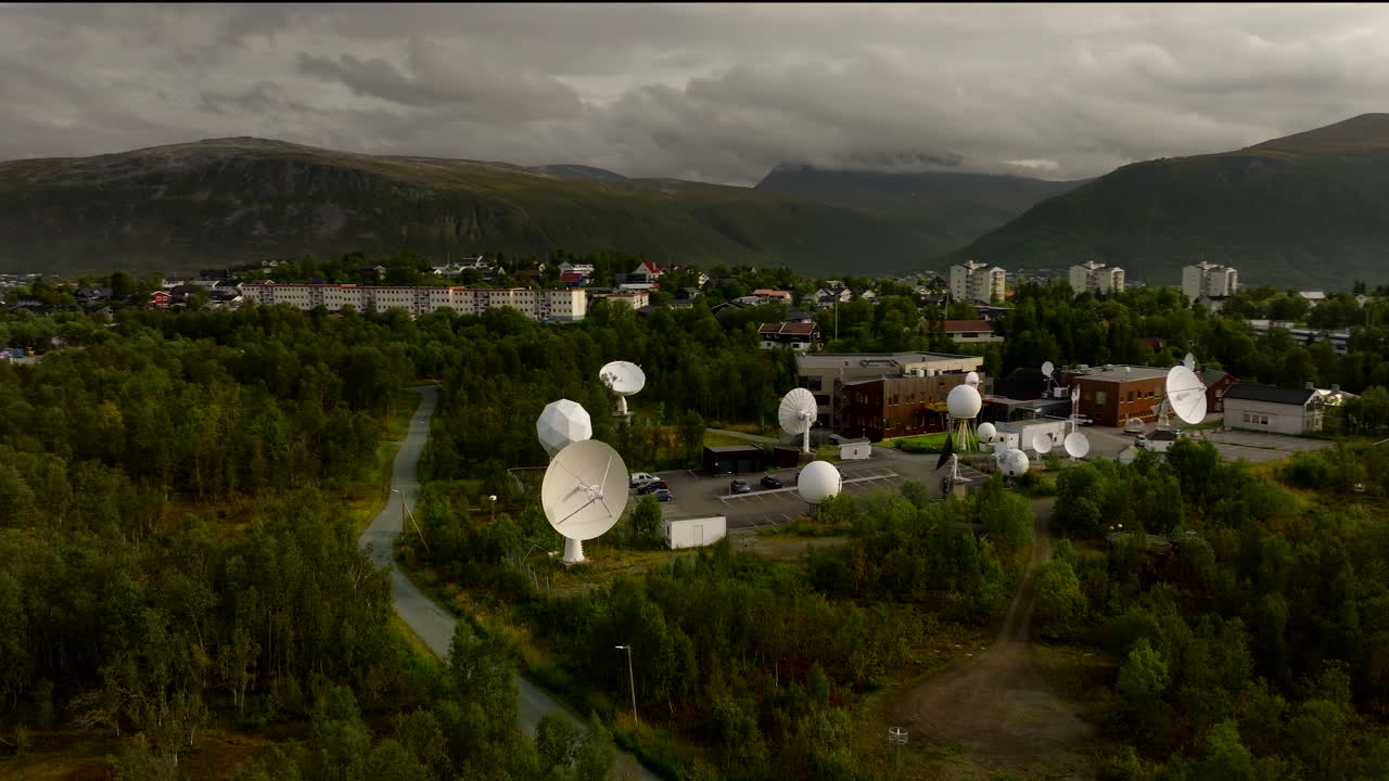 Drone panorama of Large satellite station of Kongsberg in Tromso city, Norway. Technology