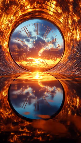 surreal clock reflecting sunset in a tunnel of light and colors