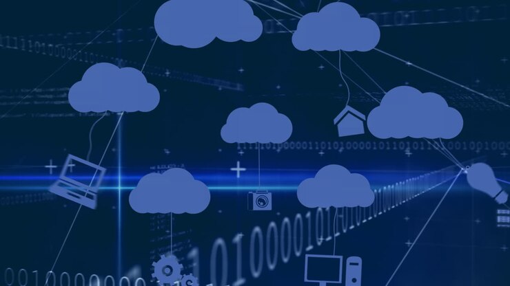 Animation of cloud icons and data processing over dark background