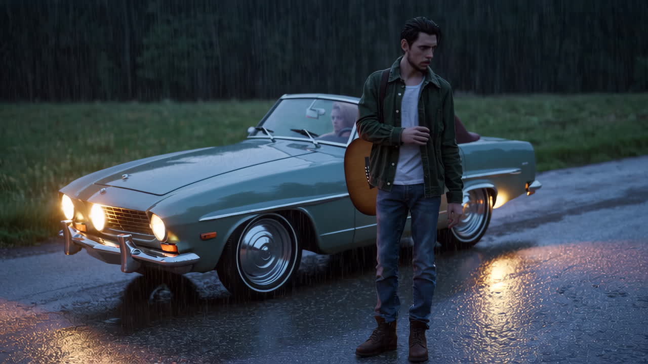 дождливая ночная поездка на старинной машине.