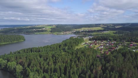 aerial view of a village by a lake