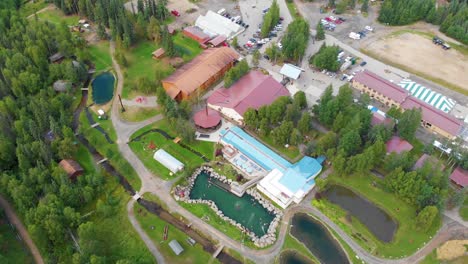 4k drone video of convention center at chena hot springs resort near fairbanks, alaska in summer