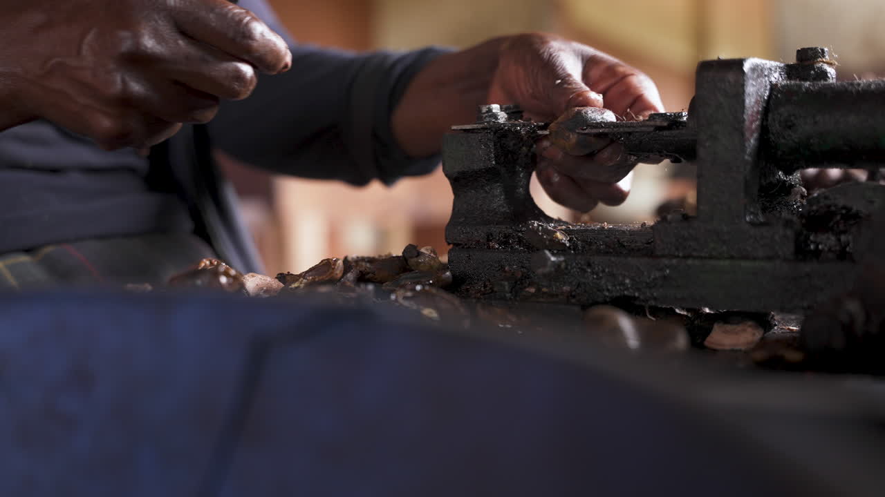 Hands of African woman uses manual machine to shell cashew nuts at agribusiness in Africa