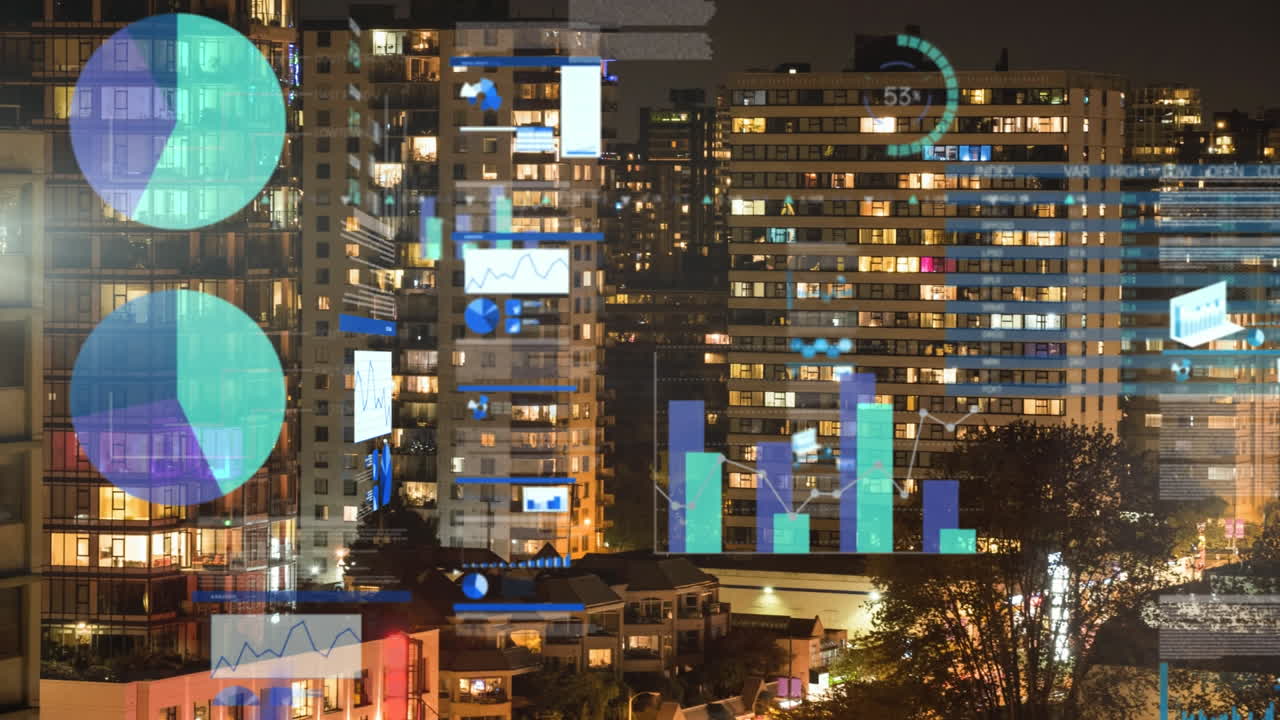배경에 조명 된 현대 건물 위에 여러 그래프와 로딩 서클의 애니메이션