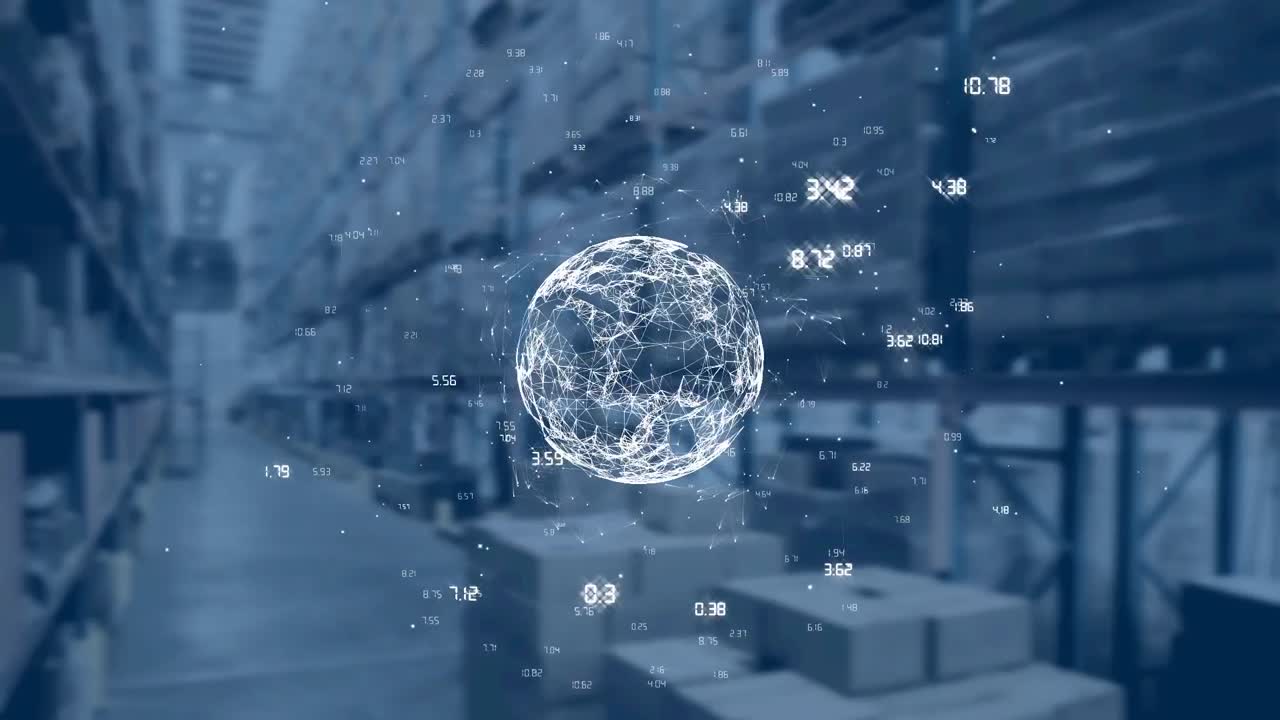 배경에 창고에 대해 회전하는 연결 네트워크의 세계