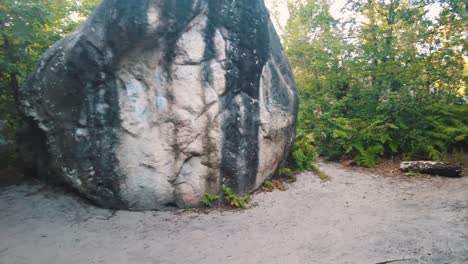 camera moves narrow path in between 2 boulders through in fontainebleau forest