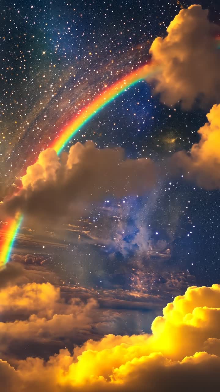 A vibrant rainbow arches over golden clouds against a starry night sky