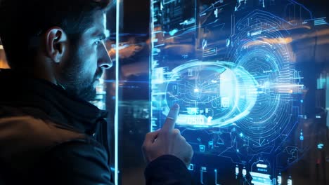 man interacting with futuristic technology display in modern workspace
