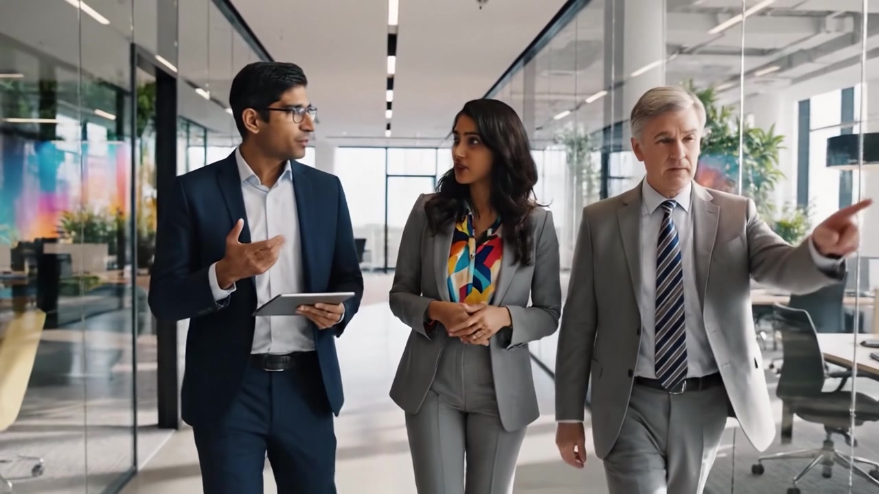 Professional Collaboration in a Modern Workspace: Three Colleagues Engaging in a Dynamic Discussion while Walking through a Sleek Office Environment