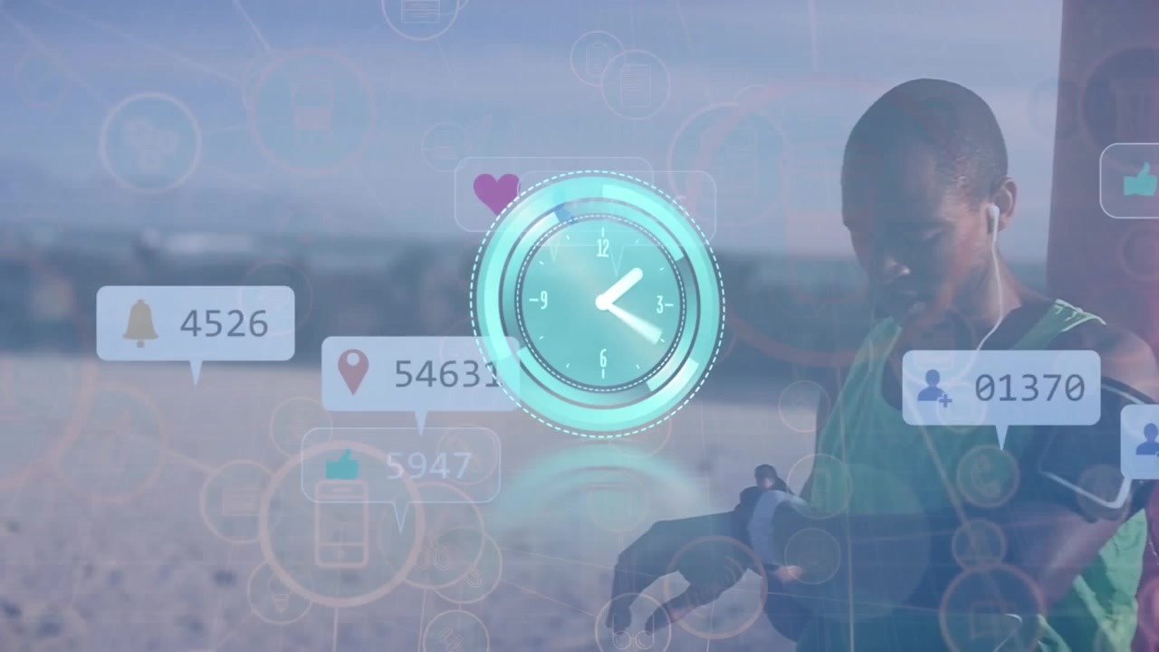 Animation of ticking clock and social media icons over african american fit man using smartwatch