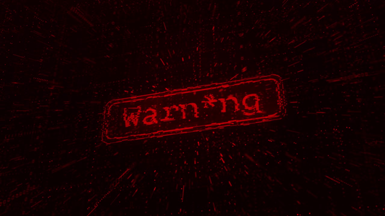 Animated red danger warning sign glitching against digital background cyber alert effect for