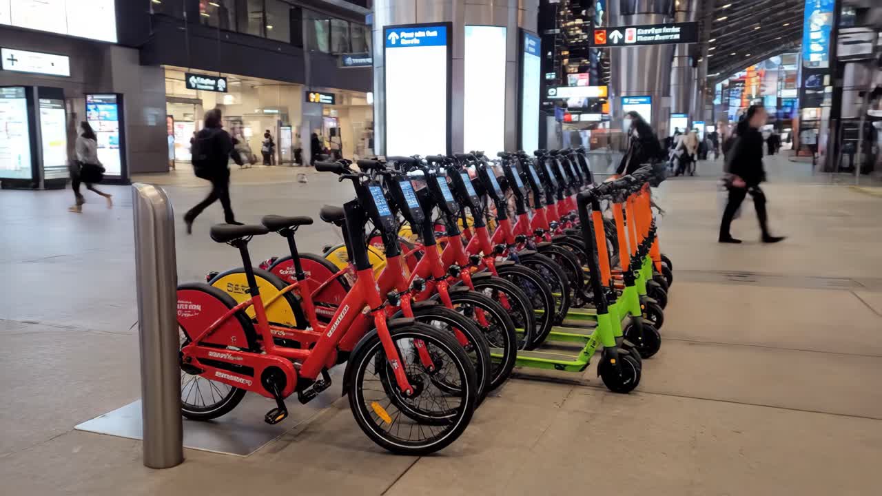 Row of Electric Scooters at a Train Station