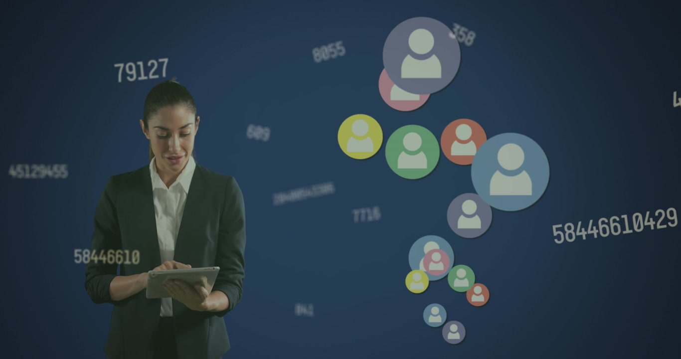 Animation of businessman over digital clouds with electronic devices