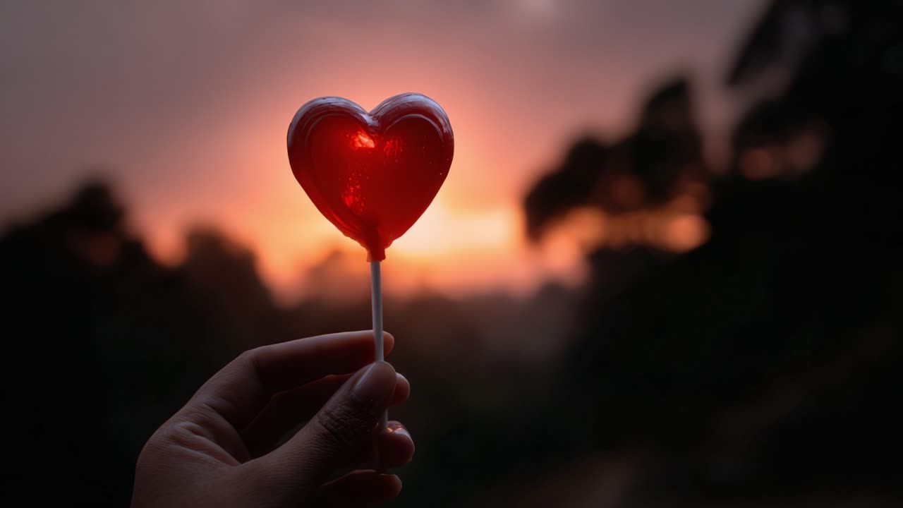 Um pirulito vibrante em forma de coração, segurado contra um belíssimo céu ao pôr do sol, capturando a essência da alegria e da doçura, perfeito para momentos românticos e celebrações