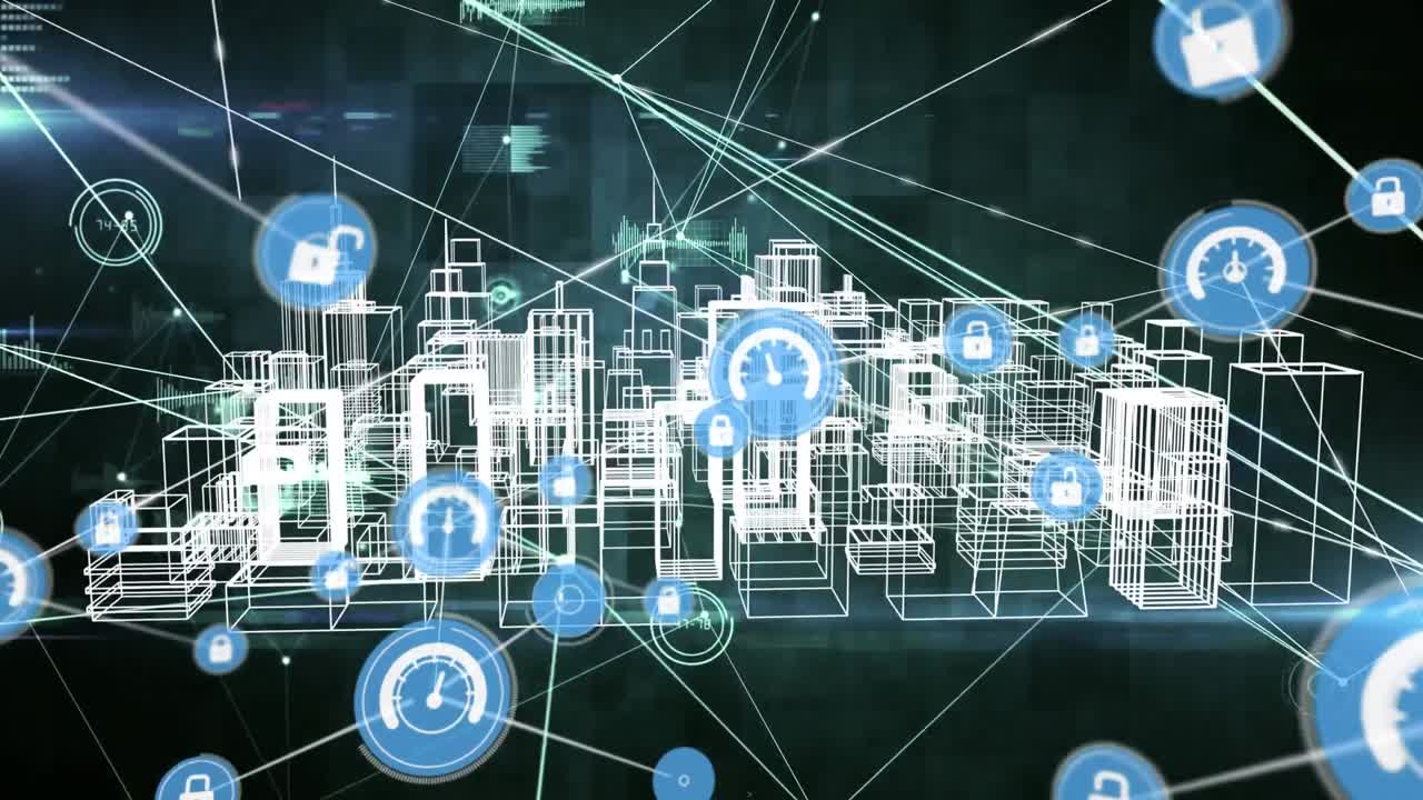 검은색 배경에 디지털 도시에 대한 연결 네트워크의 애니메이션