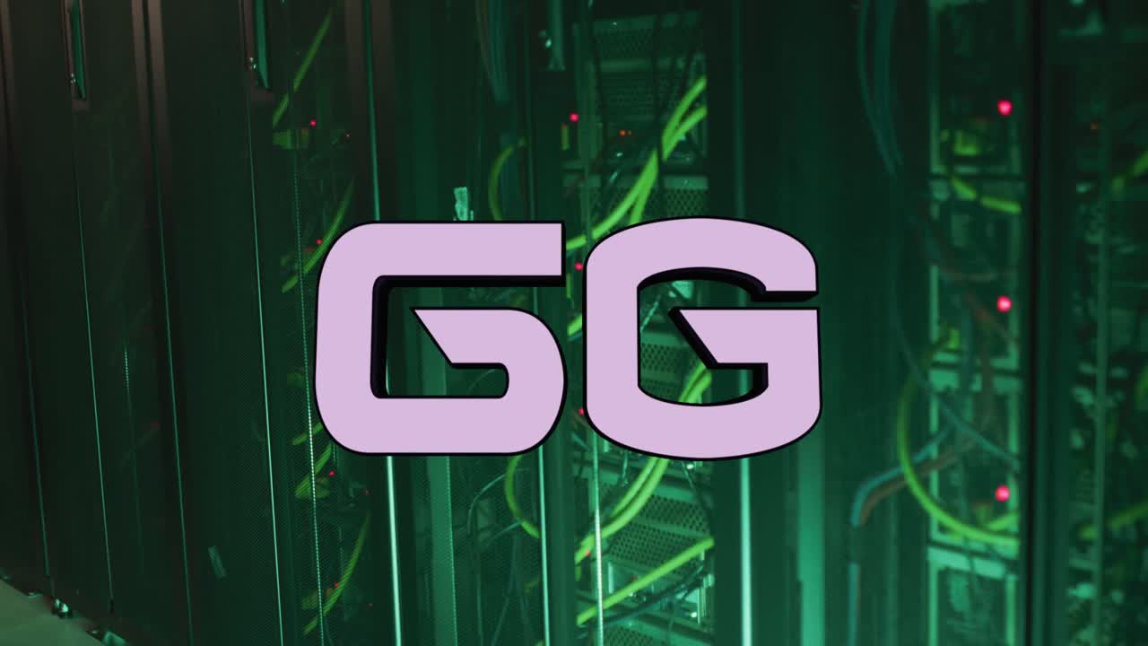 animación de un banner de texto de 6g contra el primer plano de un servidor de computadora