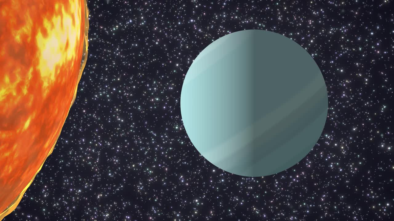 A 3D animation of the planet Uranus orbiting a glowing sun against a starry background