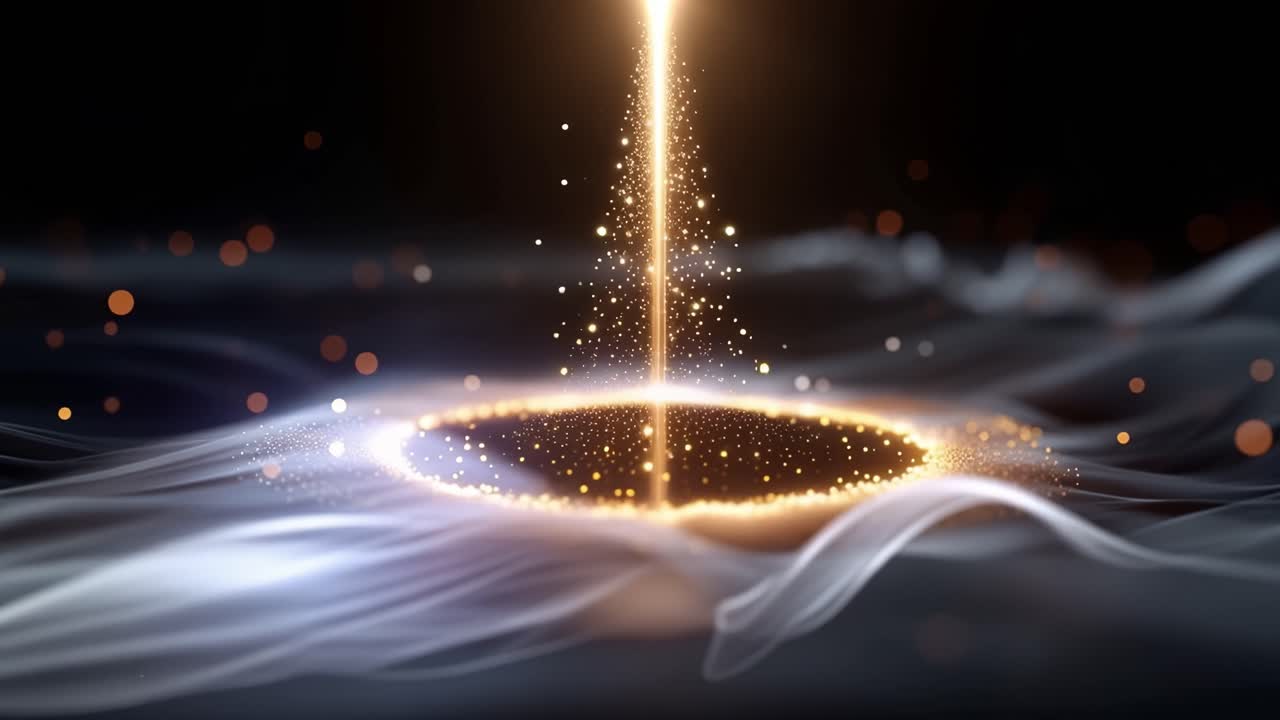 Raggio di Luce Dorato Mistico Che Emerge da un Cerchio di Particelle