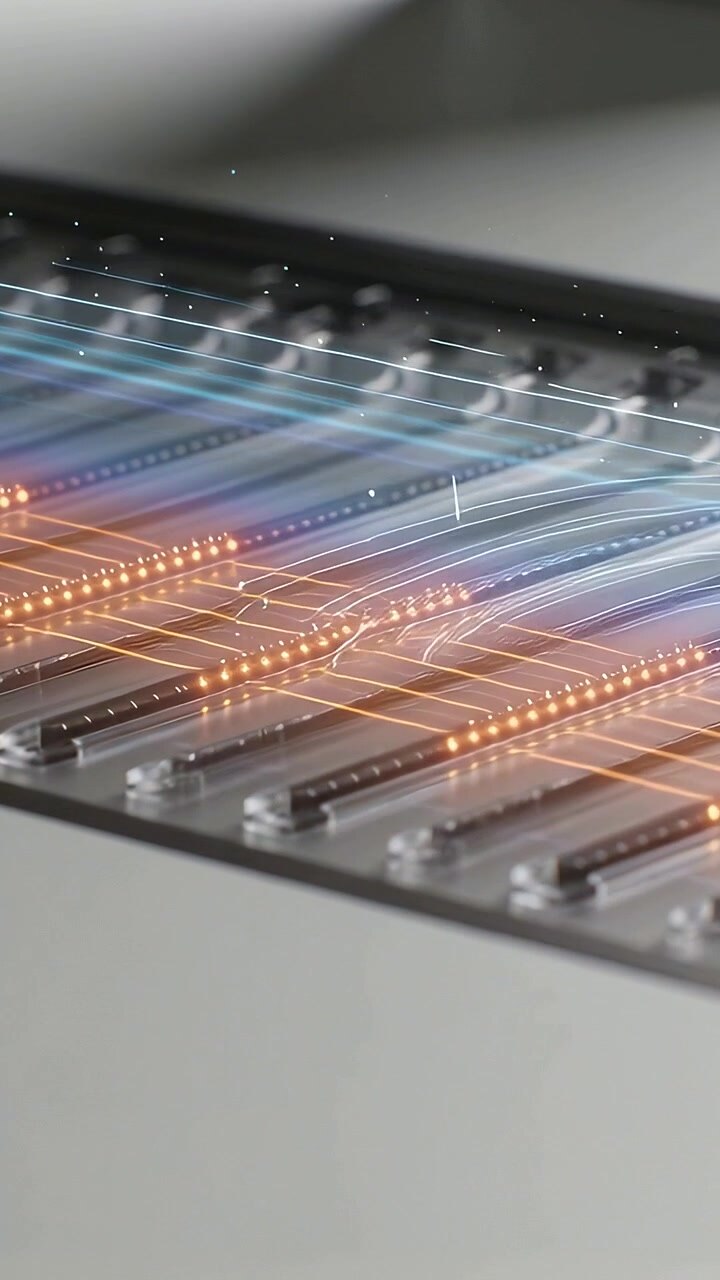 Vertical video: Powering LED array at bench for test, blue waves sweeping rows, orange LEDs pulsing