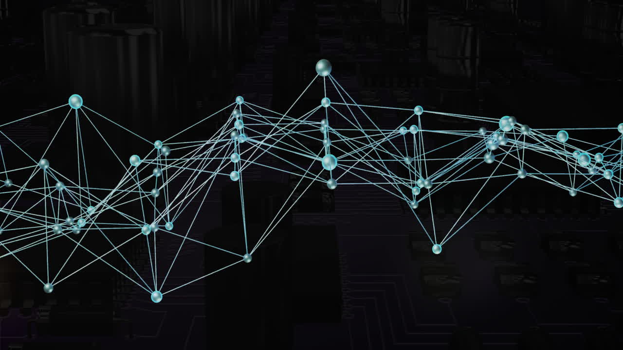 Glowing nodes and connections creating animation over dark industrial background