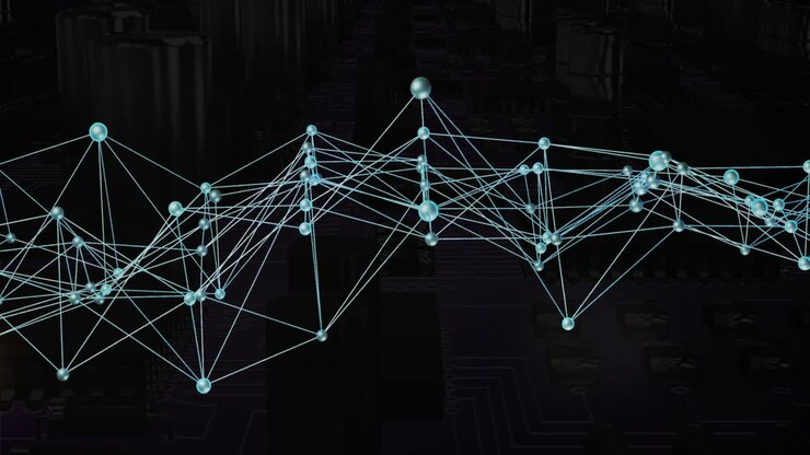 Glowing nodes and connections creating animation over dark industrial background