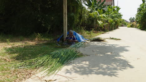 Traditional-mattress-making-process:-Materials-meticulously-sliced-into-small-pieces,-laid-out-to-dry-under-the-sun,-an-important-step-in-Quang-Nam-province,-Vietnam