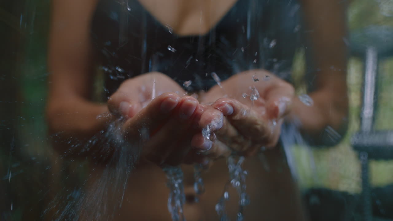 mujer en la ducha cogiendo agua en las manos disfrutando de una limpieza refrescante duchándose al aire libre en la naturaleza