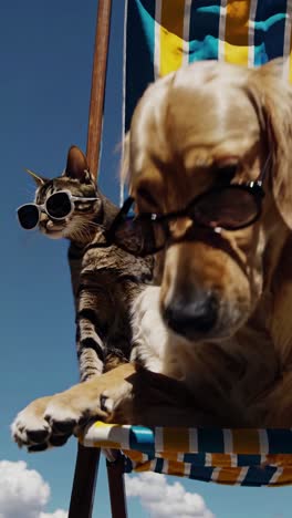 a playful video scene of a cat and dog wearing sunglasses on a striped chair