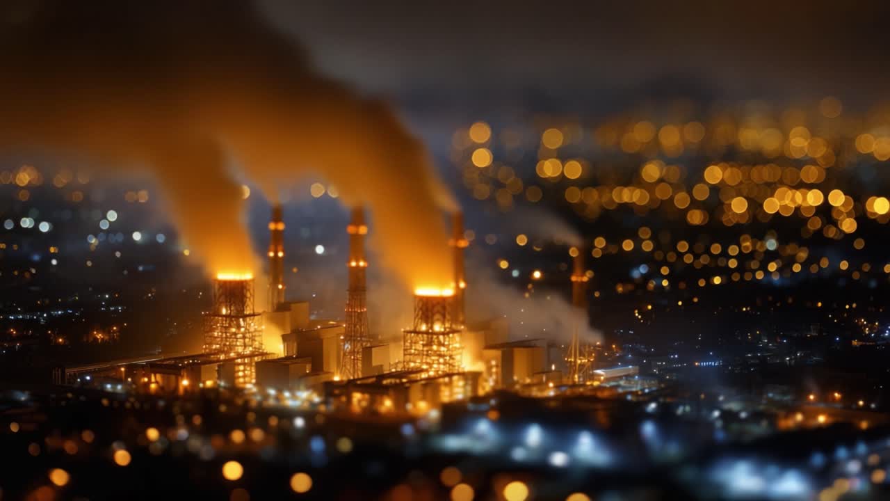 Complexe industriel illuminé la nuit avec des fumées émanantes et des lumières de la ville en arrière-plan, révélant un paysage urbain dynamique et une activité manufacturière.