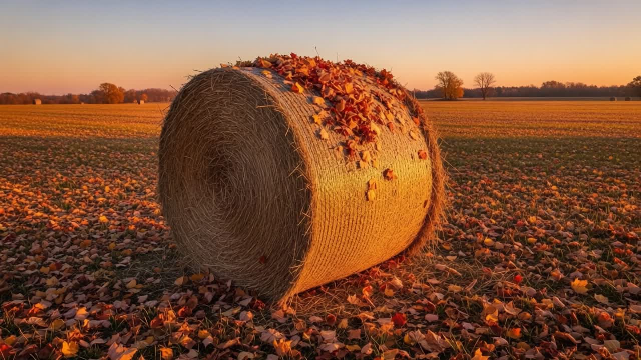A Serene Autumn Landscape Featuring a Bundled Hay Bale Adorned with Colorful Fallen Leaves on a Golden Sunset Horizon