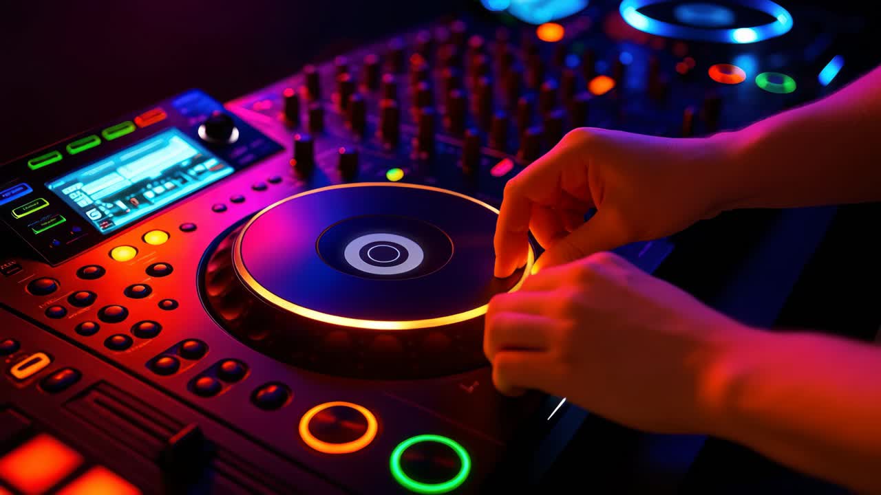 Vibrant DJ console with colorful lights, captured from a low-angle, creating a dynamic video-ready