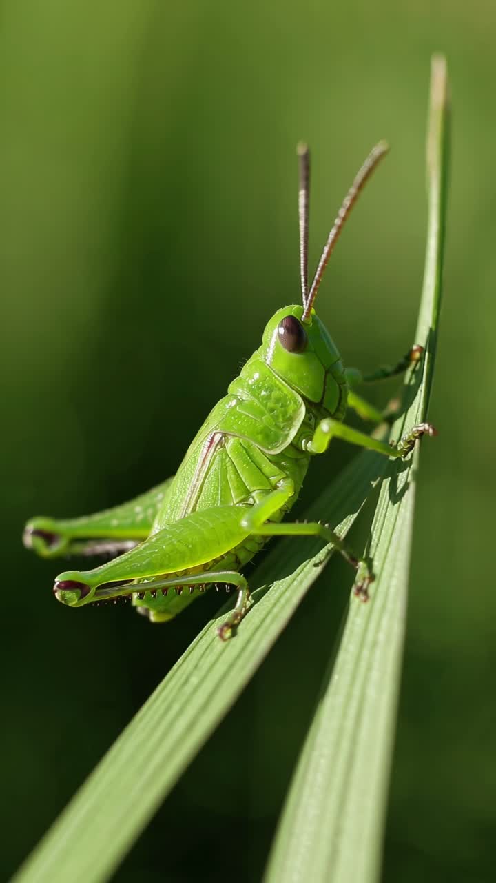 Video ravvicinato di una cavalletta verde brillante su una foglia, ripreso da un'angolazione laterale.