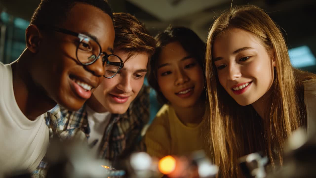 Group of students working on science project