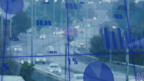 Animation of data processing and diagrams over cityscape
