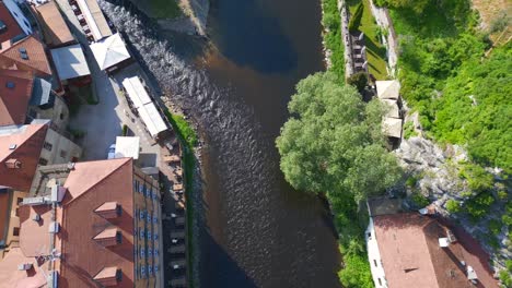 Magic-aerial-top-view-flight-Krumlov-castlein-czech-republic-Cesky-in-Europe,-summer-of-2023