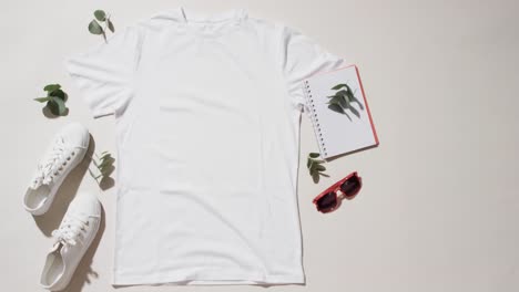 Video-of-flat-lay-of-white-t-shirt,-sneakers,-sunglasses-and-copy-space-on-white-background