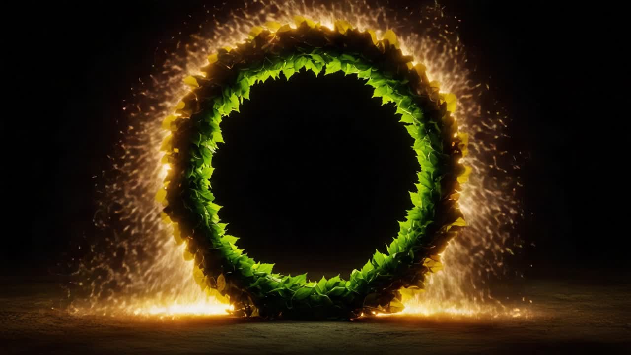 An Enchanting Circular Portal of Leaves and Energy Revealed in a Spectacular Display of Light and Nature's Beauty, Illuminating the Surrounding Darkness