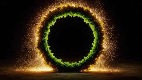 An Enchanting Circular Portal of Leaves and Energy Revealed in a Spectacular Display of Light and Nature&#039;s Beauty, Illuminating the Surrounding Darkness