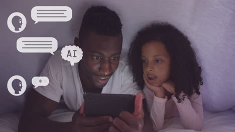 Animation-of-ai-data-over-african-american-man-and-biracial-daughter-using-tablet