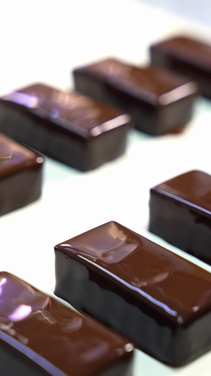 Chocolate candy bars of pigeon's milk. Shiny sweets move along the conveyor belt at the confectionery plant. Close up. Vertical video