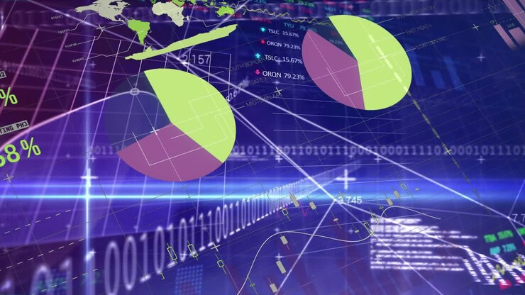 Animation of statistical and stock market data processing against light trails on blue background