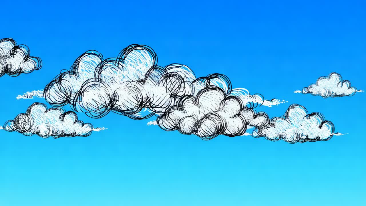 Frame bergerak maju, awan yang digambar tangan melayang ke kiri melintasi langit gradien biru, menciptakan tampilan coretan