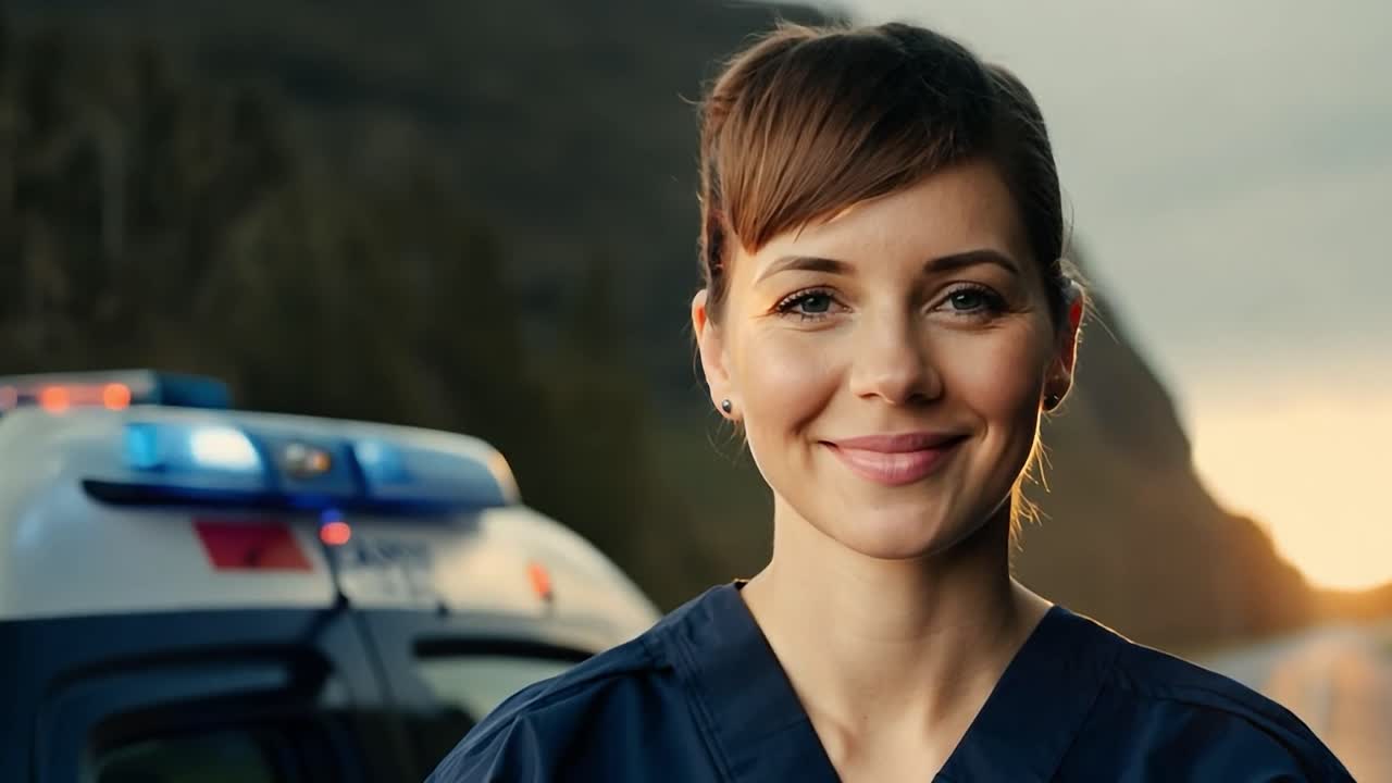 구급차 앞에서 미소 짓는 여성 간호사