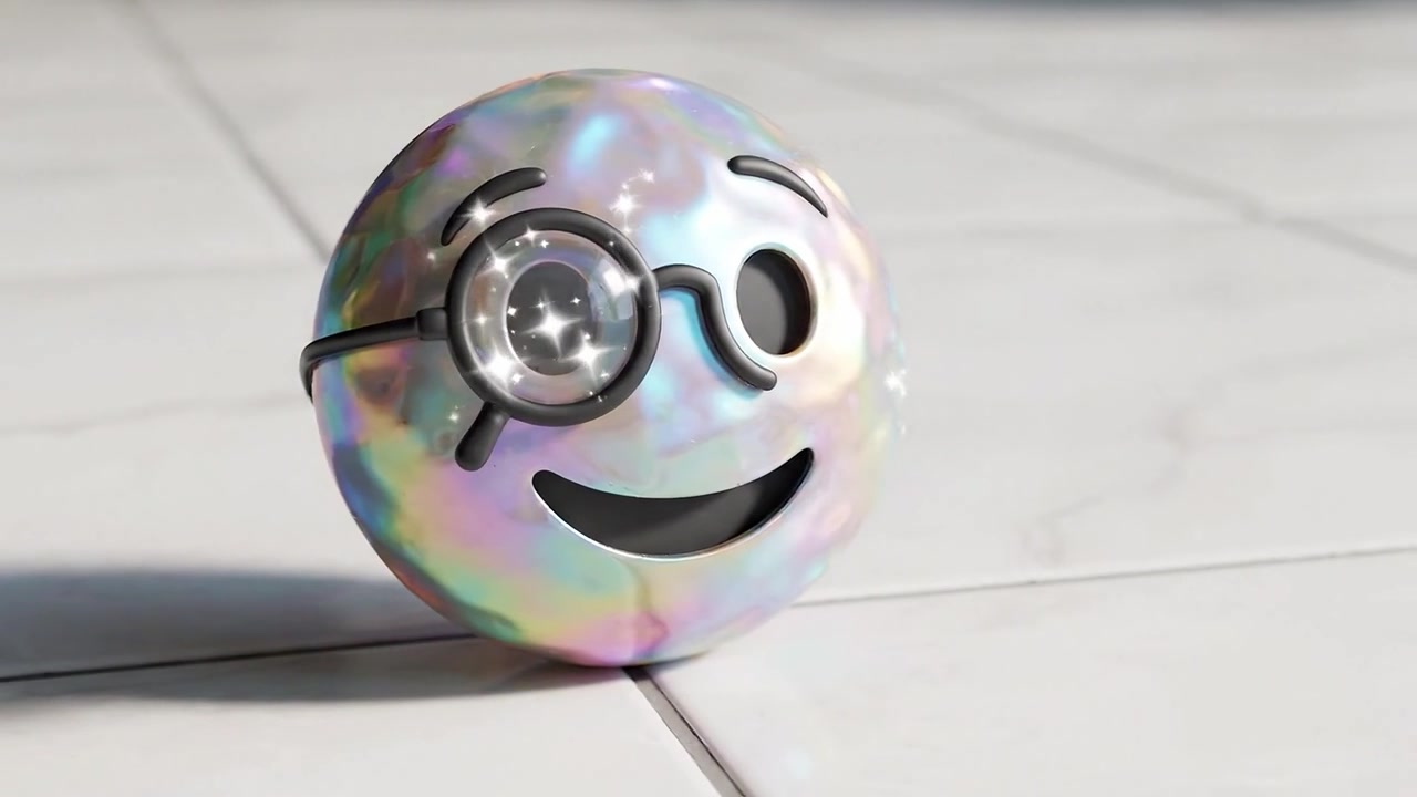 A cheerful, iridescent emoji ball with glasses and a smile, resting on a shiny tile floor, showcasing its whimsical design and animated character traits.