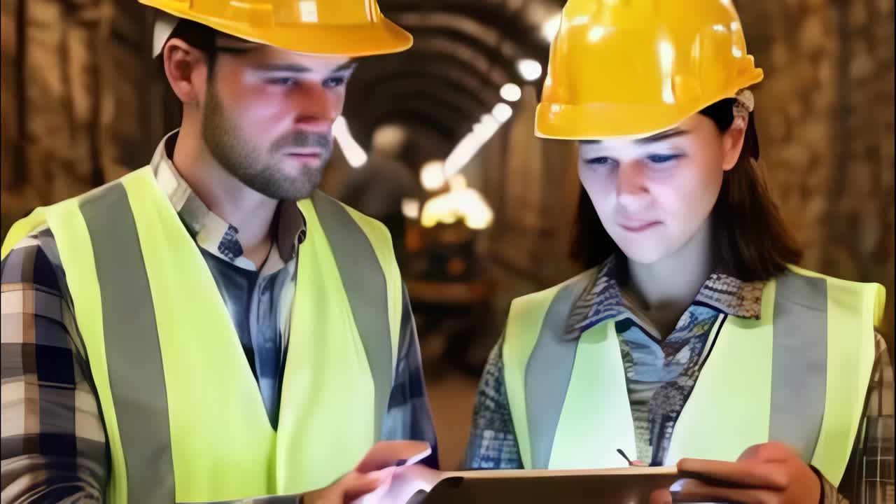 Two people wearing safety gear and looking at a tablet