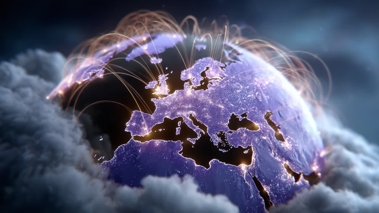 A Stunning Visual Representation of a Connected World Featuring Europe as a Central Hub, Surrounded by Ethereal Clouds and Glowing Network Connections