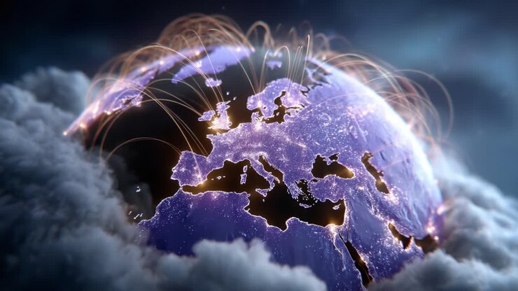 Una straordinaria rappresentazione visiva di un mondo connesso che ritrae l'Europa come hub centrale, circondata da nuvole eteree e connessioni di rete luminose
